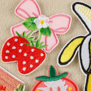 Assortimento di toppe ricamate colorate a forma di frutta e fiocchi per vestiti