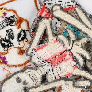 Detailed macro shot of various cartoon skull embroidery patches for DIY clothing apps