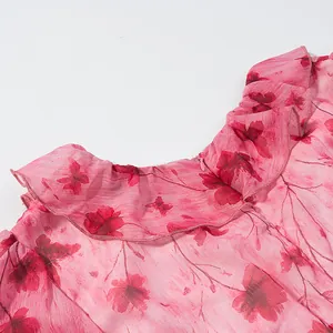 Gros plan détaillé d'une robe en mousseline fleurie rose avec une encolure à volants chic