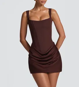 Elegant dark brown sleeveless corset mini dress with draped detail and square neck