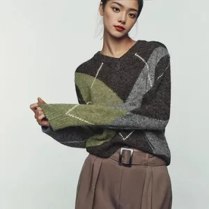 Edler Damen Retro Argyle Strickpullover, lockere Passform für Herbst und Winter Saison