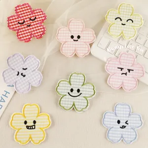 Polyester Plaid Flower Embroidered Patches Gingham Floral Smiley Face DIY Iron On Badge For Clothing Shoes Hats Bags Decoration