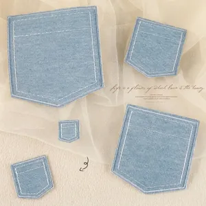 Light Blue Denim Look Faux Pocket Embroidered Patch For Clothing Canvas Bag Iron On Sewing Patch For DIY Applique Decor