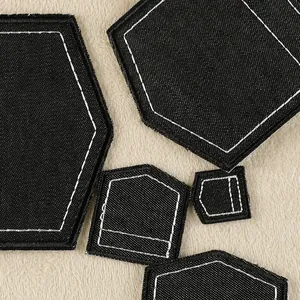 Black denim fabric fake pocket embroidery patches set for DIY clothing and bag repair
