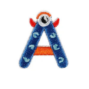 Decorative iron-on embroidered patch featuring a blue monster-style letter A character design