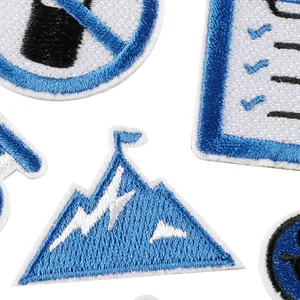 Fun blue and white embroidered iron-on patches for DIY clothing decoration and repair
