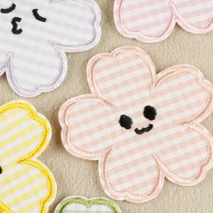 Colorful plaid flower embroidered patches with cute faces for DIY clothing decor