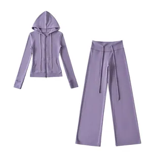 Women Thermal Fleece Lined Hoodie And Wide Leg Pants Yoga Sportswear Set Solid Color Hooded Zip Up Sweatshirt Top And Bottom