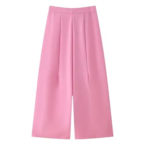 Elegant pink wide-leg trousers for women with a smooth drape and loose casual fit