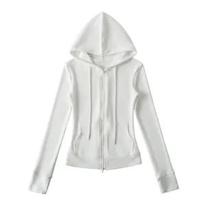 Full front view layout of a minimalist slim-fit white zip-up hooded sweatshirt for women