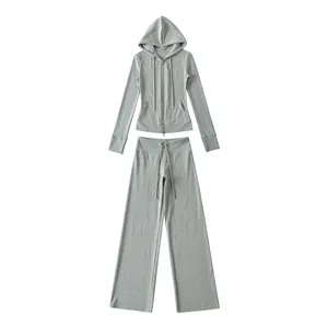 Dames grijze slim-fit hoodie met rits en wijde broek tweedelig pak vooraanzicht