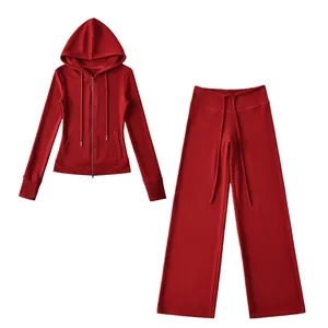 Red German velvet two-piece sports set with zip-up hoodie and wide-leg pants
