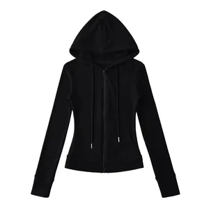 Detailed view of a slim-fit black hooded zip-up sweatshirt with long drawstrings