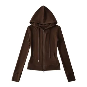 Detailed view of a slim-fit brown zip-up hoodie with drawstring hood and pockets.