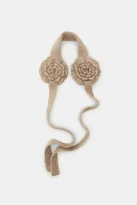 Detailed view of handmade knitted earmuffs featuring elegant 3D rose crochet patterns