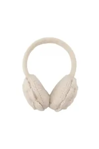High-quality detailed macro shot of cream cable-knit thick winter warm earmuffs