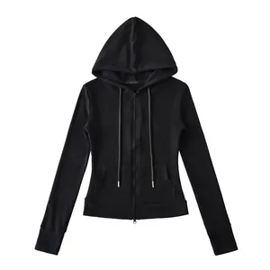 Close-up of a slim fit black zip-up hoodie with drawstring detail and front pockets