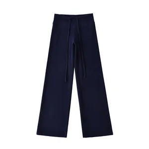 Front view of navy blue warm Dralon wide-leg yoga pants with drawstring waist.