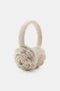 Soft cream crocheted wool earmuffs featuring elegant floral texture for cold winter days