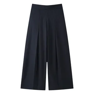 Elegant high-waisted pinstripe wide-leg trousers for women with a draping detail.
