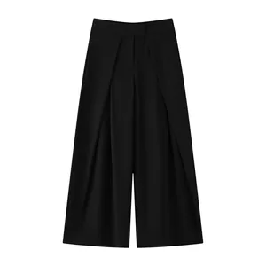 High-waisted black wide-leg trousers with front pleated detail and draped fabric