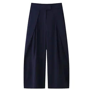 Elegant navy blue wide-leg trousers with loose drape and stylish pleated waist design for women
