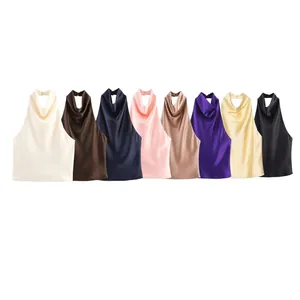 Elegante Neckholder-Tops im französischen Stil für Damen in verschiedenen Seidensatin-Farben