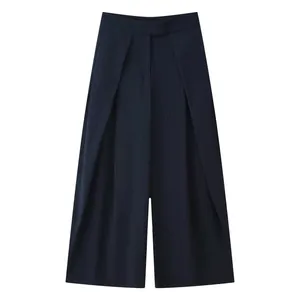 Navy blue pinstriped wide-leg trousers with front pleats and draped fabric for women