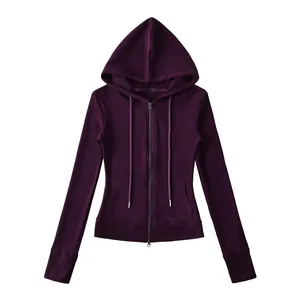 Front view of a slim-fit plum purple zip-up hoodie featuring a hood and adjustable drawstrings