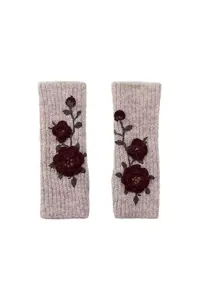 Detailed view of grey knitted arm warmers featuring dark red embroidered floral patterns.