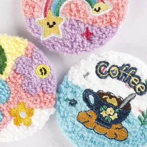Cartoon towel embroidered round badges with rainbow and coffee designs