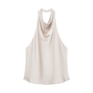 Eleganter französischer Neckholder-Top aus Champagner-Satin für schicke Damen im Sommer