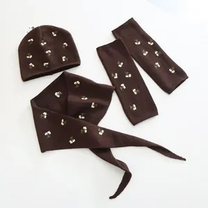 Elegant brown floral embroidered knit beanie scarf and arm warmers three-piece set