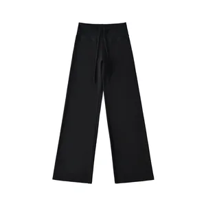 Klassieke zwarte yoga-broek met hoge taille, wijde pijpen en verstelbaar trekkoord
