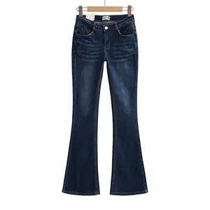 Jean évasé bleu foncé à taille haute extensible avec fini délavé pour femme chic