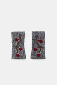 Cozy gray knitted fingerless gloves featuring detailed red berry vine embroidery