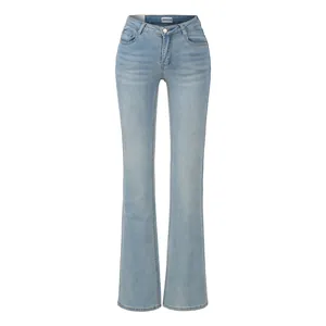 Jean évasé à taille haute en denim extensible délavé bleu clair style pour femmes