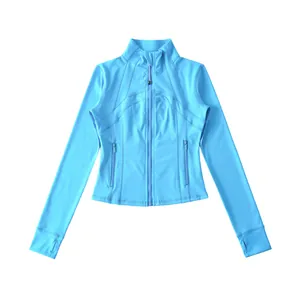 Giacca da yoga blu slim-fit con fori per i pollici e chiusura a cerniera frontale