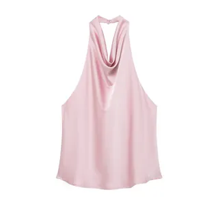 Elegantes rosa Neckholder-Oberteil aus Satin mit Wasserfallausschnitt für Damen
