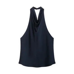 Eleganter französischer Neckholder-Top in Dunkelblau mit glatter seidiger Satintextur