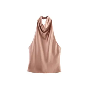 Damen Französisch Elegant Neckholder Satin Top Sommer Wasserfall Ausschnitt Ärmellos Einfarbig Polyester Seidig Oberteil