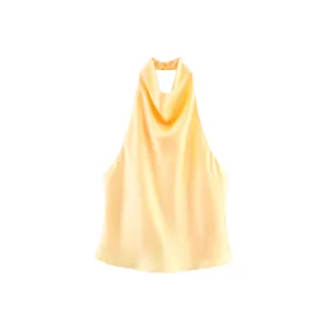 Eleganter französischer Neckholder-Top aus gelbem Satin für Damen im Sommerlook