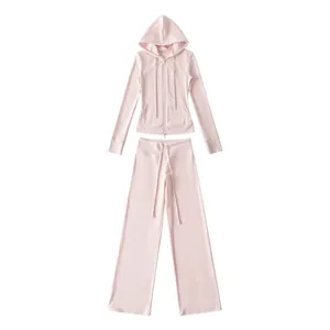 Dames roze tweedelig trainingspak met hoodie met rits en wijde broek voor fitness