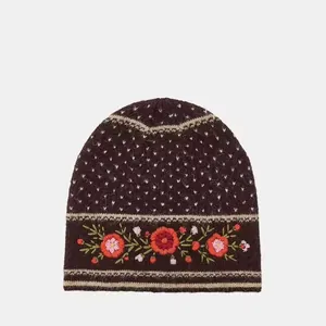 Handmade Floral Embroidered Knitted Winter Accessory Set For Women Cotton Beanie Hat Scarf And Arm Sleeves Warm Earmuffs