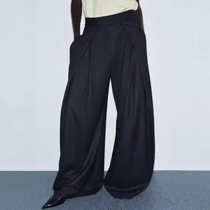 Elegant high waisted pinstripe wide leg trousers with oversized draped fit for women