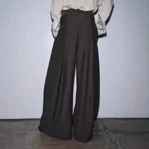 Chic high-waist loose fit wide-leg trousers with elegant drape, professional back view
