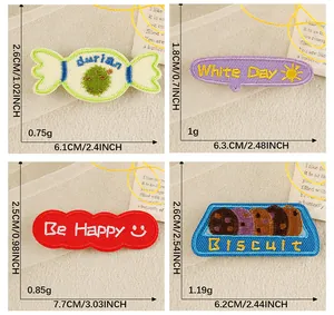 Detailed view of four colorful embroidered patches with specific size and weight data