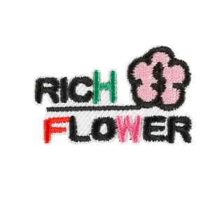 Embroidered patch featuring pink flower and 'Rich Flower' text for DIY clothing