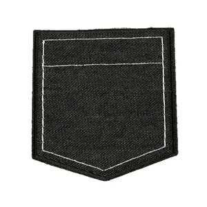 Premium black denim style faux pocket embroidery patch with white stitching for DIY clothing
