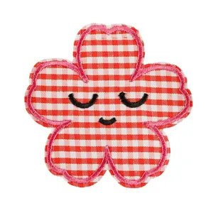 Floral shaped red and white gingham embroidered patch for DIY clothing and accessories